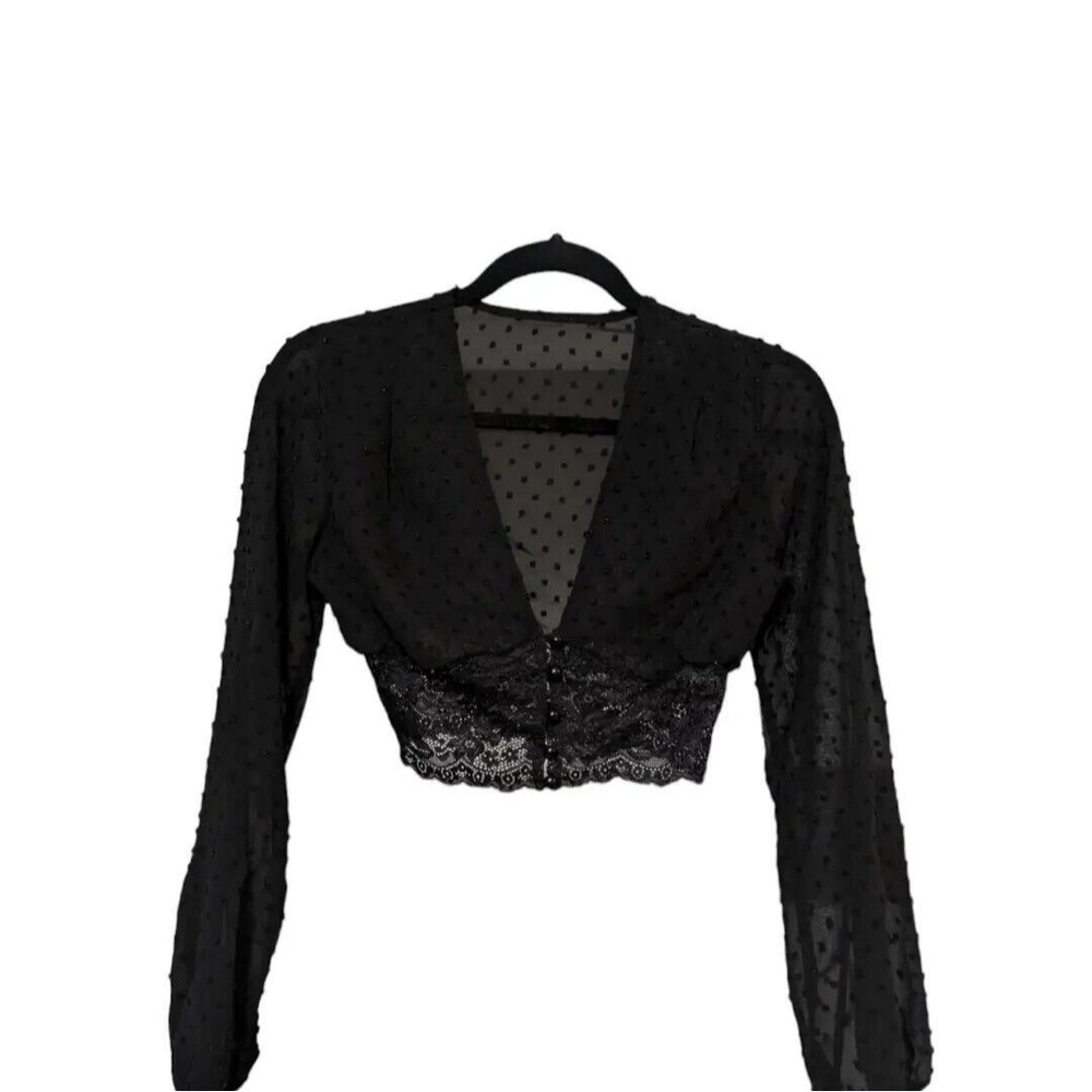 shein womens top black face print long sleeve fril hem size extra small